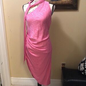 💞Ronny Kobo 1-shoulder damask ruched side zipper sash scarf asymmetrical dress